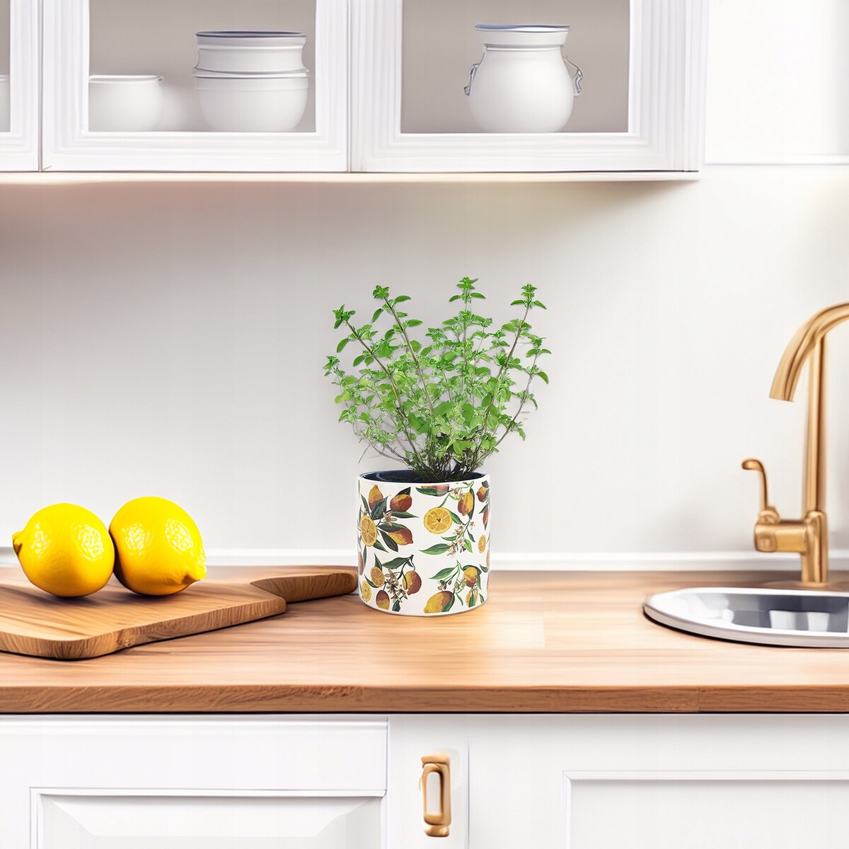 DONICZKA BIAŁA Z CYTRYNAMI CERAMICZNA BIAŁA 14cm do salonu domu doniczka