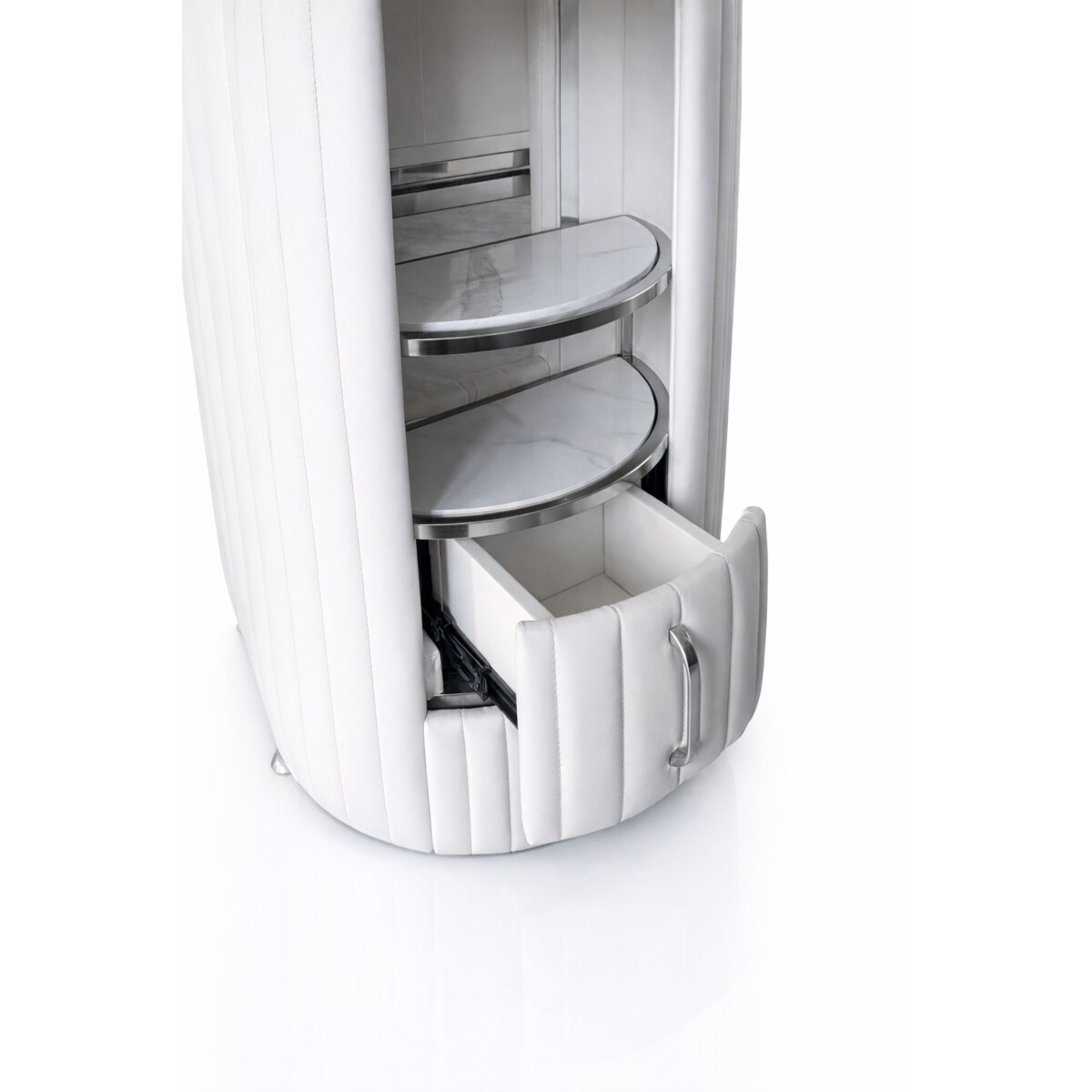 Biurko kosmetyczne z otworem na pochłaniacz biało-srebrne owalne 140 x 45 x 78 AFINIS