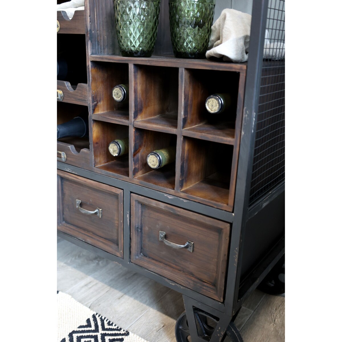 Komoda barowa na kółkach drewno, metal 94 cm