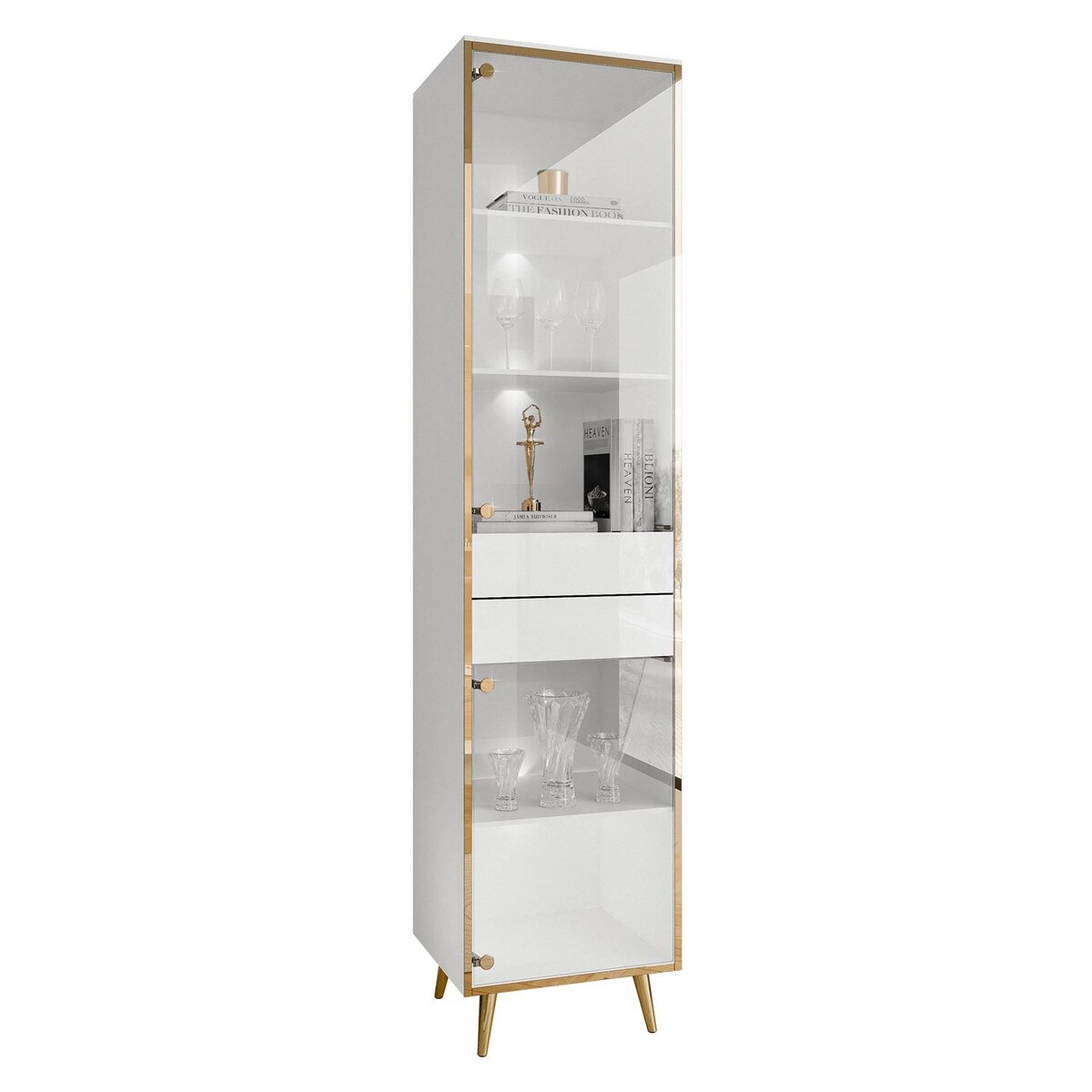 Witryna AURORA z oświetleniem LED biały połysk nogi skośne