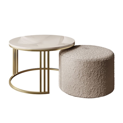 Stolik kawowy z pufą LORI POŁYSK złoto szczotkowane, przezroczysty / Coral 50