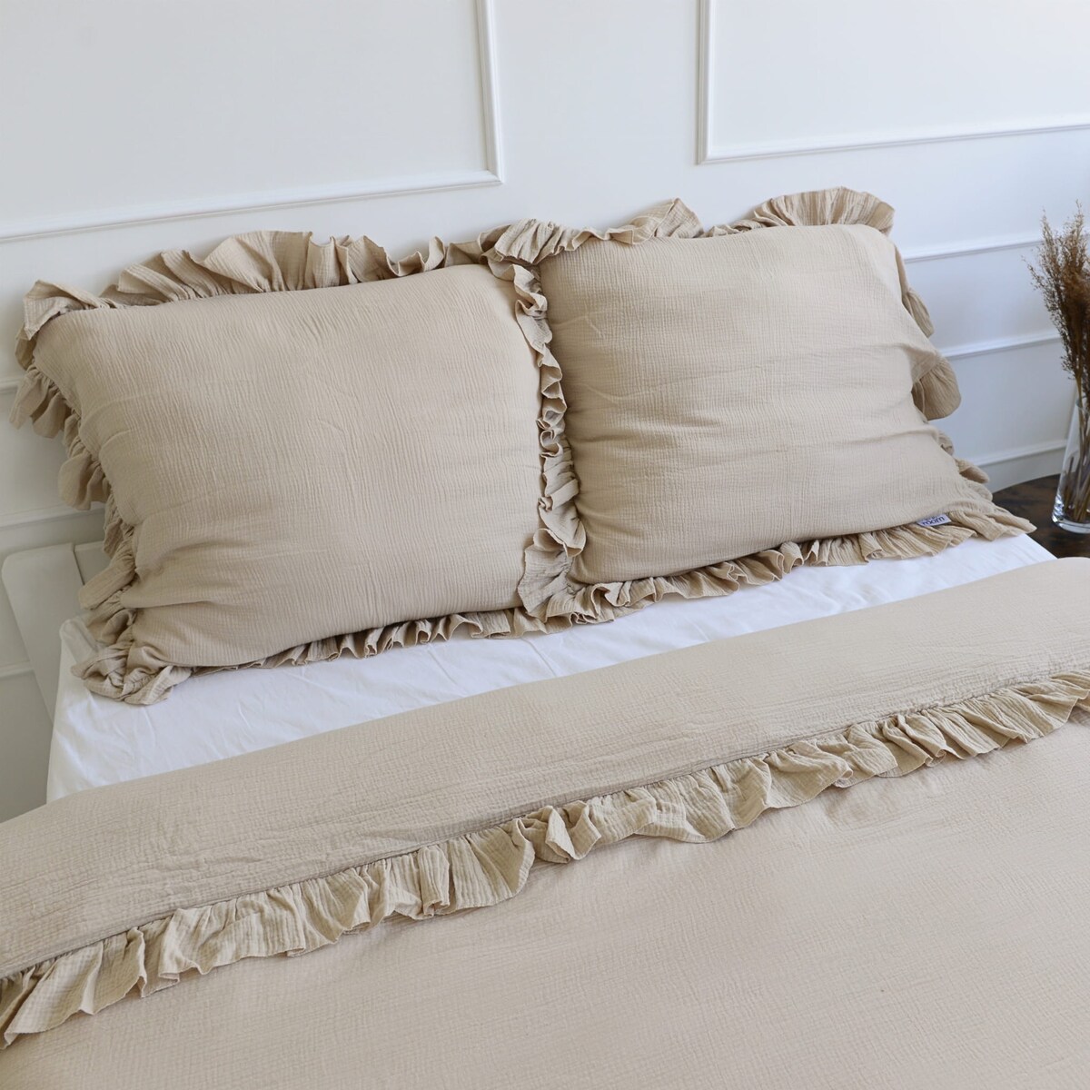 Pościel Muślinowa Z Falbanką Komplet Zestaw Do Sypialni Boho Beż 180X200 Cm + 2 Poduszki 70X80 Cm