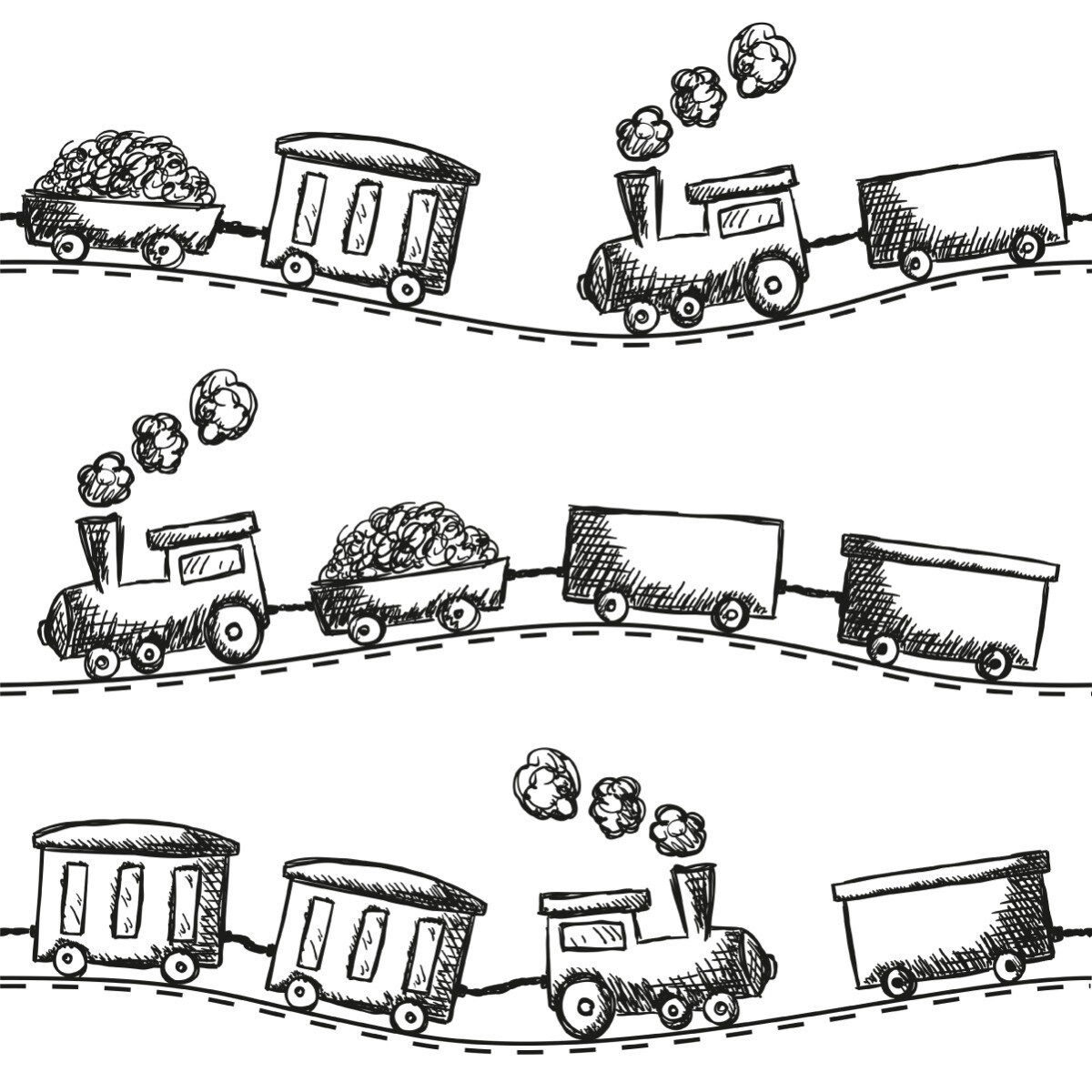 Tapeta Dziecięca Czarno-Białe KOLEJKI Pociągi Parowozy