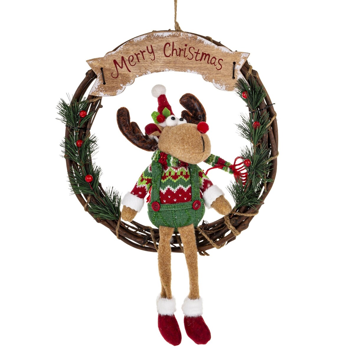 Dekoracja - figurka renifer w kole w zielonym ubranku 47x33x10 cm