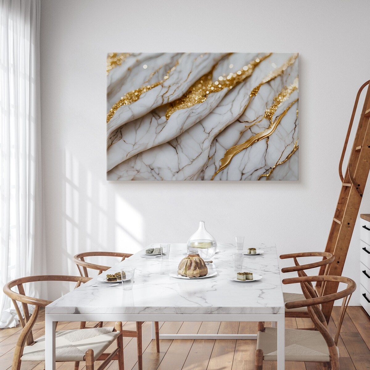 OBRAZ DO SYPIALNI BIAŁY NOWOCZESNY MARMUR ELEMENTY ZŁOTA 120x80cm