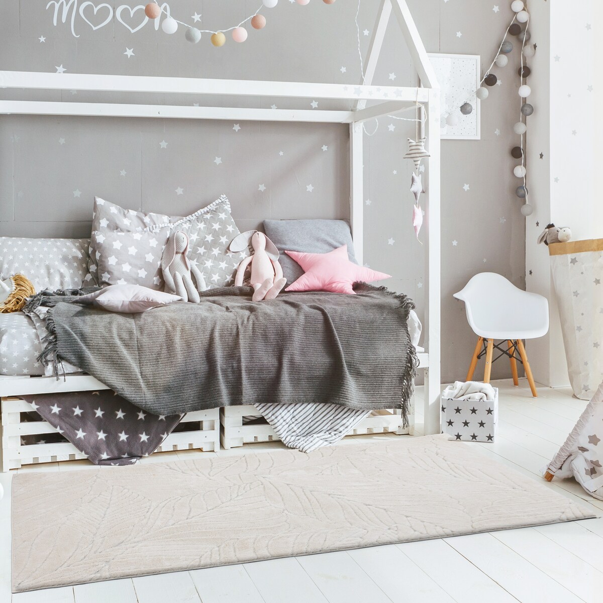 Dywan pluszowy Botanic Liście 80x150 cm e-floor Liście OEKO-TEX kremowy