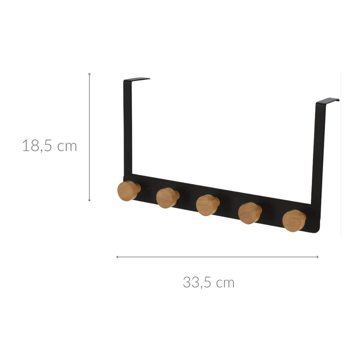 Wieszak na drzwi czarny, metalowy, 5 drewnianych uchwytów, 33,5 cm
