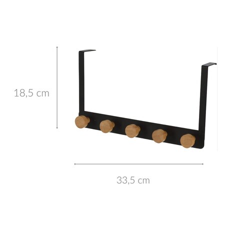 Wieszak na drzwi czarny, metalowy, 5 drewnianych uchwytów, 33,5 cm