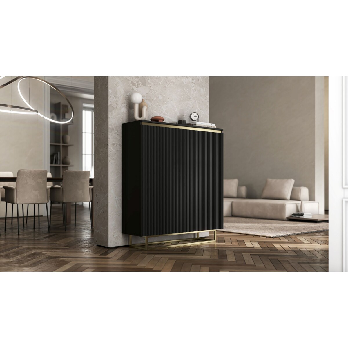 Komoda Glamour Szafka RTV Czarny MAT ryflowane fronty złote akcenty 110,8 cm