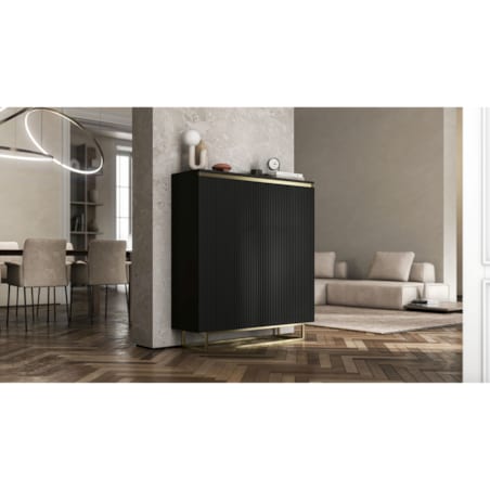 Komoda Glamour Szafka RTV Czarny MAT ryflowane fronty złote akcenty 110,8 cm