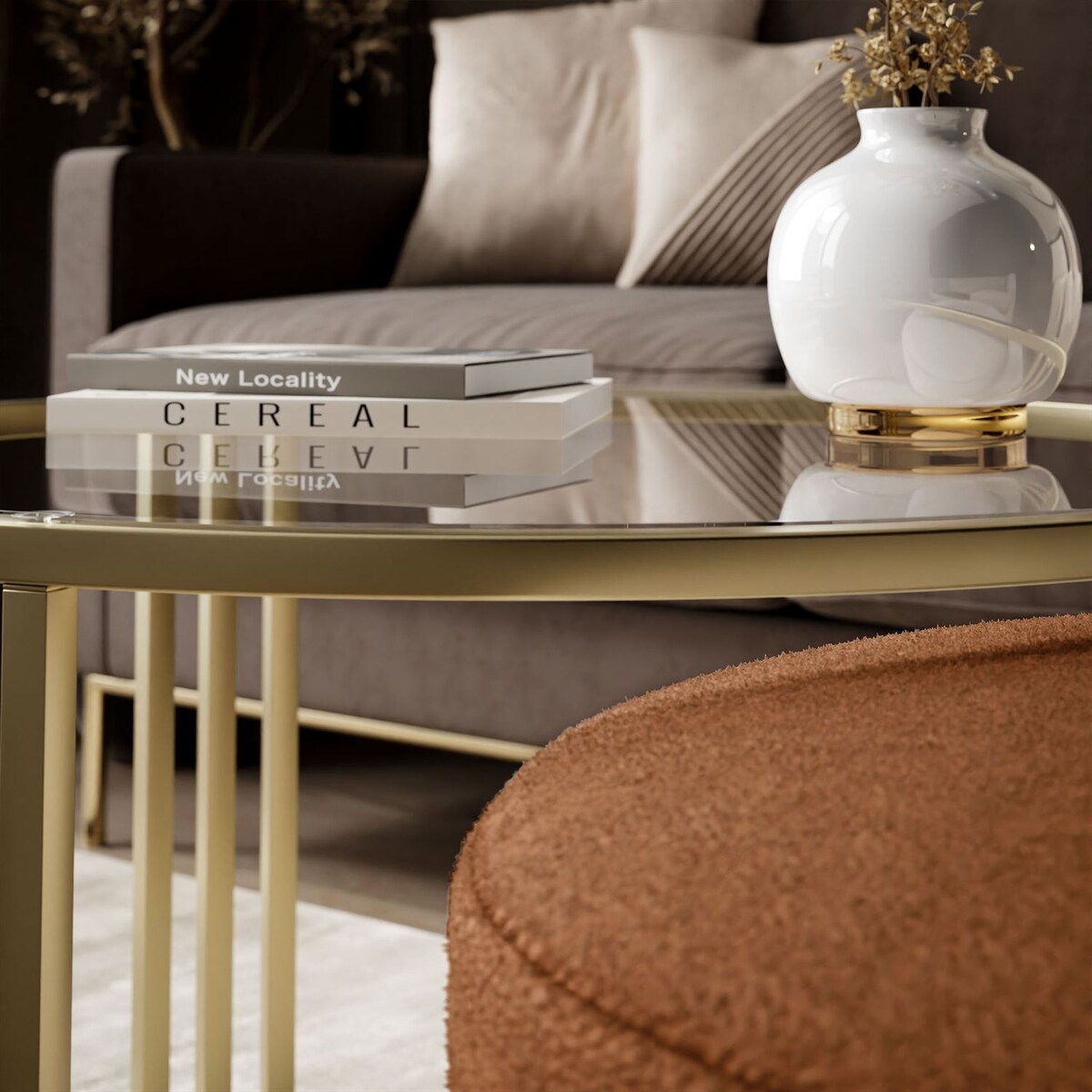 Stolik kawowy z pufą LORI GLASS złoto szczotkowane, przezroczyste szkło / Perfect Harmony 52