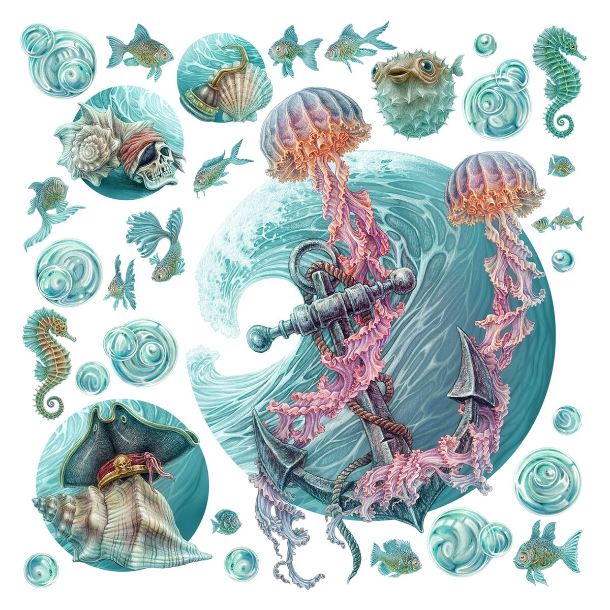 Zestaw naklejek na ścianę, Świat meduzy, 60cm