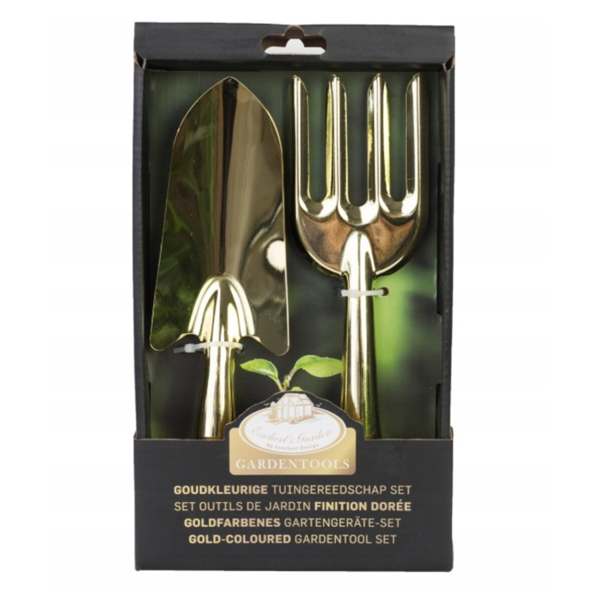 Złoty ZESTAW OGRODNICZY łopatka grabki PREMIUM narzędzia ogrodowe ozdobne na prezent ESCHERT DESIGN