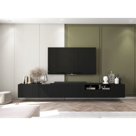 Wisząca Szafka RTV Glamour Komoda RTV Czarny Mat Ryflowane fronty 300 cm