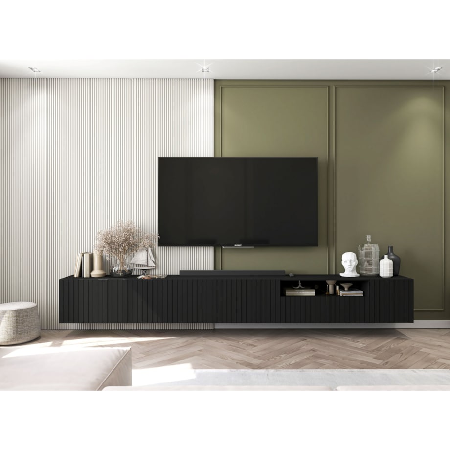 Wisząca Szafka RTV Glamour Komoda RTV Czarny Mat Ryflowane fronty 300 cm