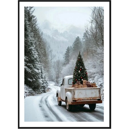 Poster Story, Plakat, Obraz - Biały Pick-up z Choinką w Śniegu, wymiary 70 x 100 cm
