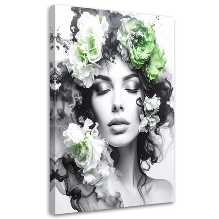 Obraz do salonu sypialni, Portret Kobieta z zielonymi kwiatami na głowie 70x100