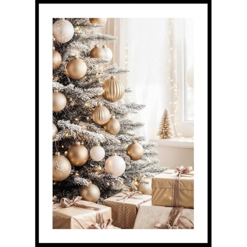 Poster Story, Plakat, Obraz - Choinka i Prezenty w Odcieniach Złota, wymiary 21 x 30 cm