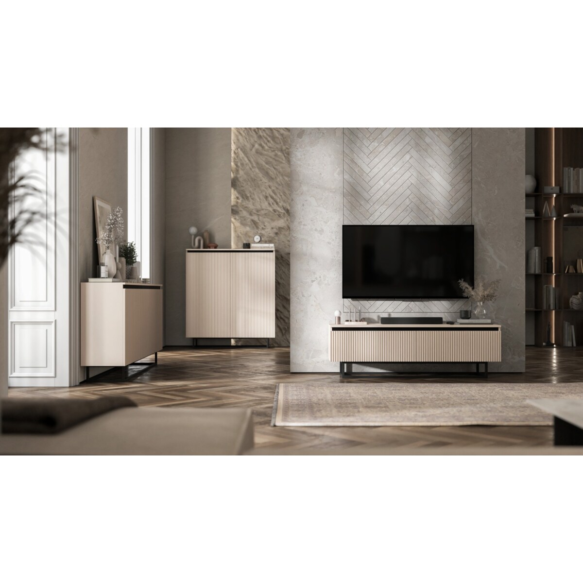 Komoda Glamour Szafka RTV Kaszmir MAT ryflowane fronty czarny stelaż 166,8 cm