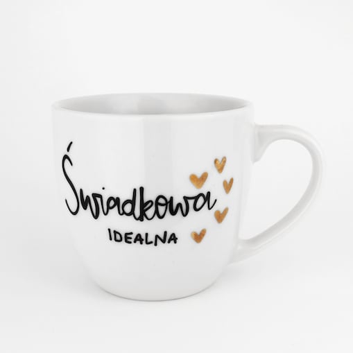 Biały kubek porcelanowy 300 ml - złote serca i napis świadkowa idealna na ślub dla świadkowej
