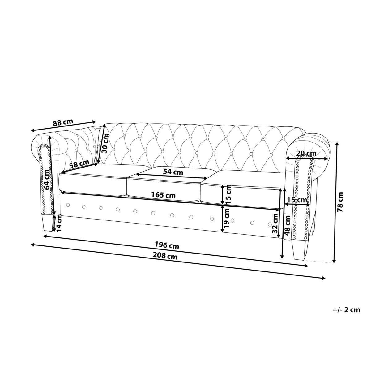Sofa 3-osobowa proste nogi beżowa CHESTERFIELD