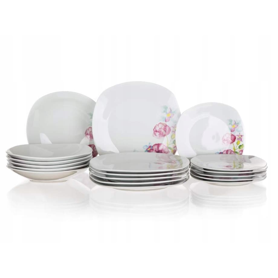 TALERZE OBIADOWE ZESTAW dla 6 osób W KWIATY KWADRATOWE 18 ele DOLORES