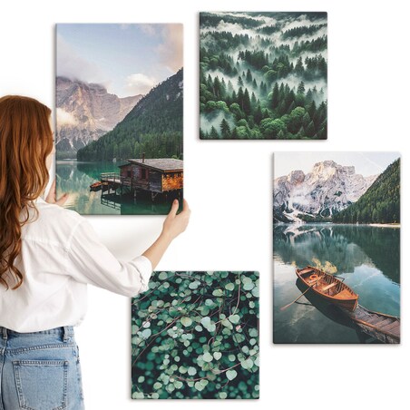 Zestaw 4 obrazów na płótnie - Górskie jezioro łódka mgła - zielony