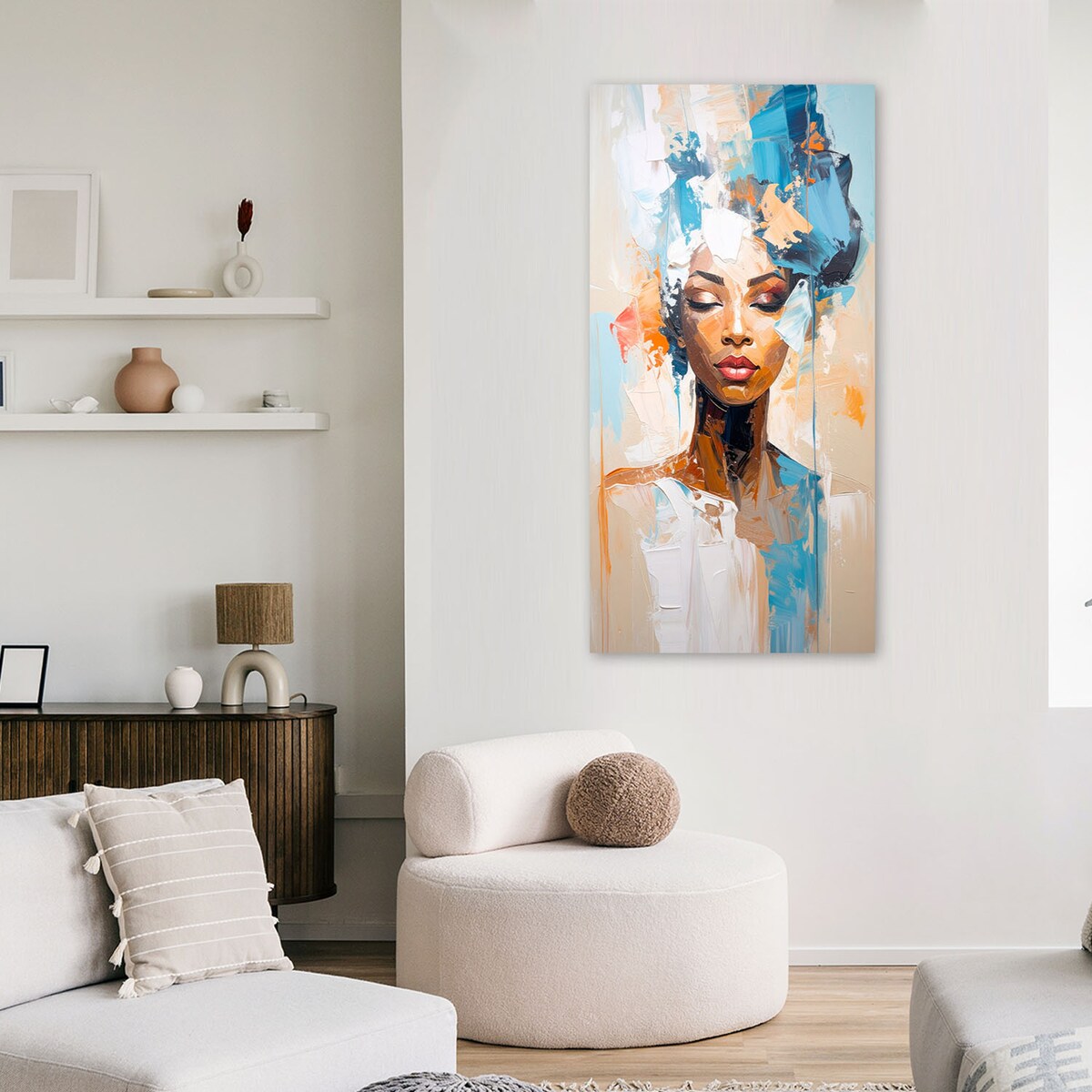 Feeby Obraz do salonu sypialni, Portret kobiety abstrakcja turkusowy 40x80