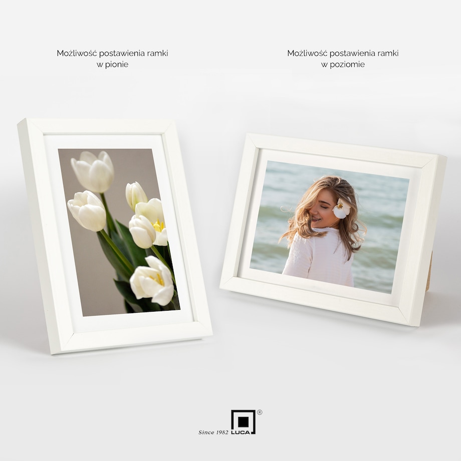 Ramka na zdjęcia 13x18 cm biała rama MDF z plexi do postawienia powieszenia klasyczna ramka