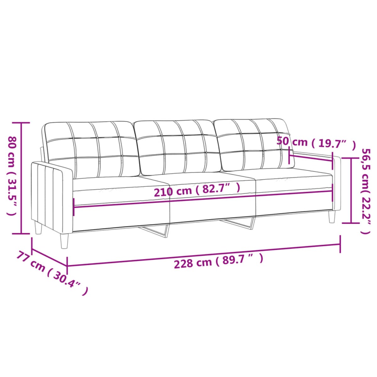 vidaXL Sofa 3-osobowa, jasnoszara, 210 cm, tapicerowana tkaniną