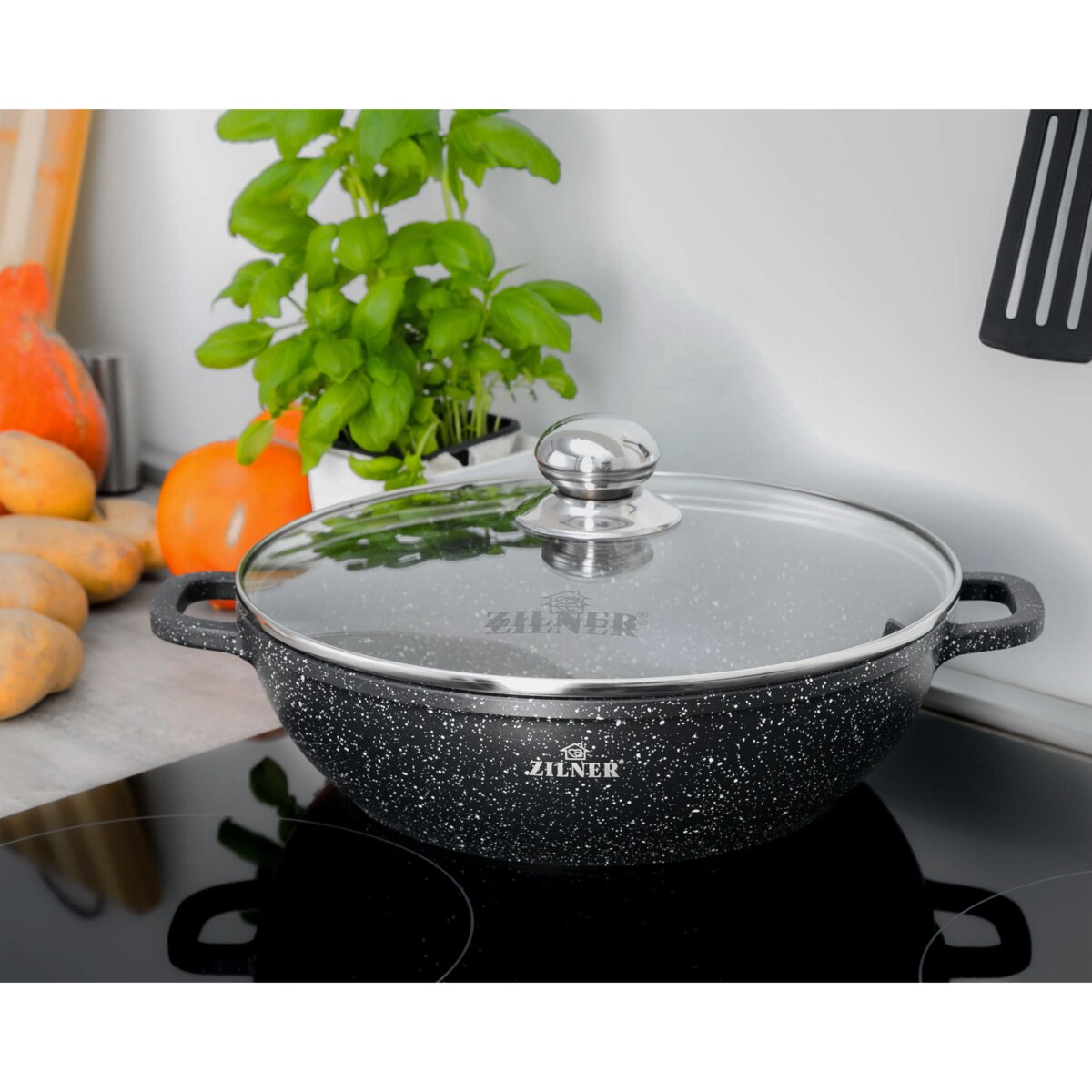Garnek marmurkowy niski z pokrywką wok czarny 3.3L 28cm indukcja gaz ZILNER