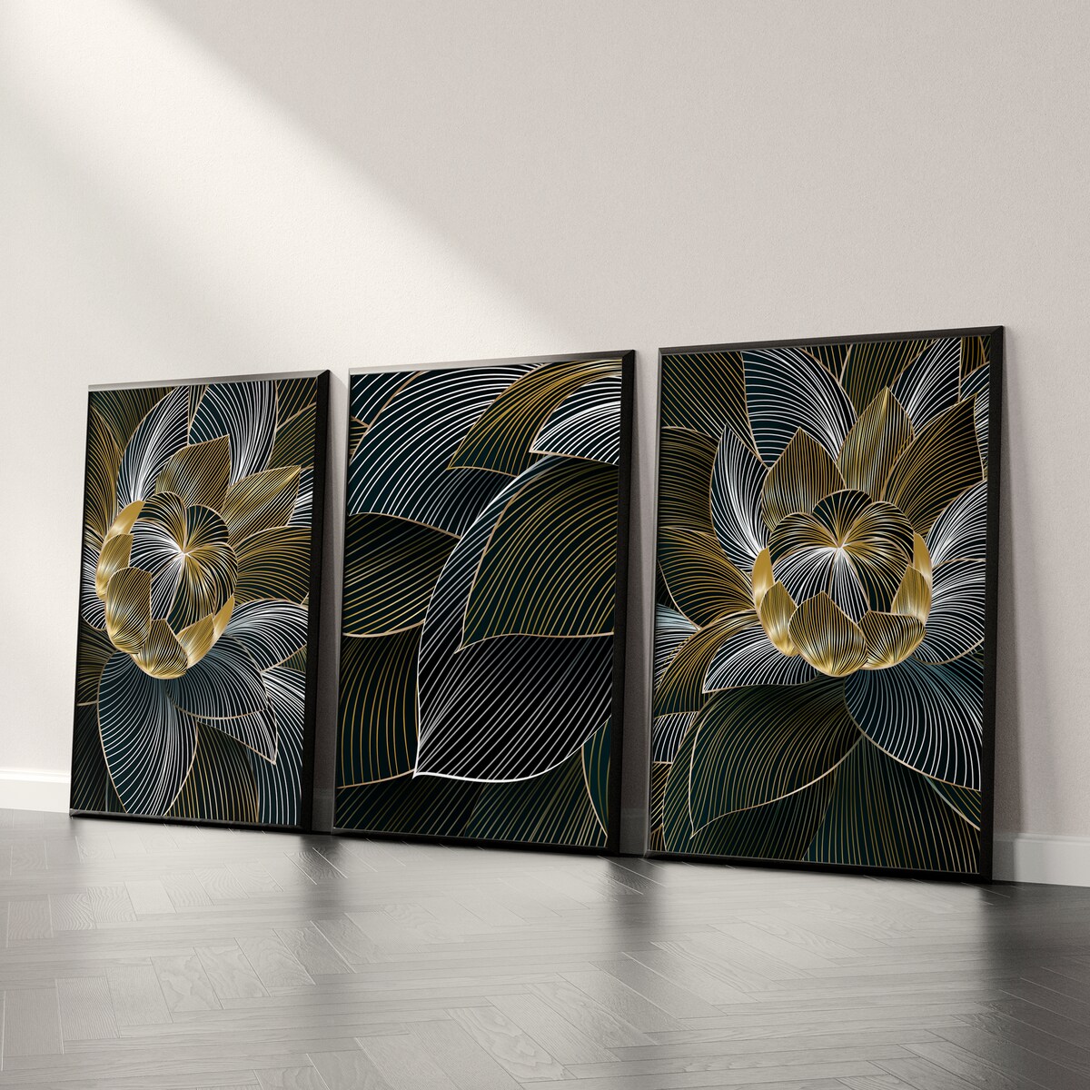 ZESTAW 3X PLAKAT W RAMIE ABSTRAKCJA KWIATY LOTOSU STYL GLAMOUR NATURA 60x80cm