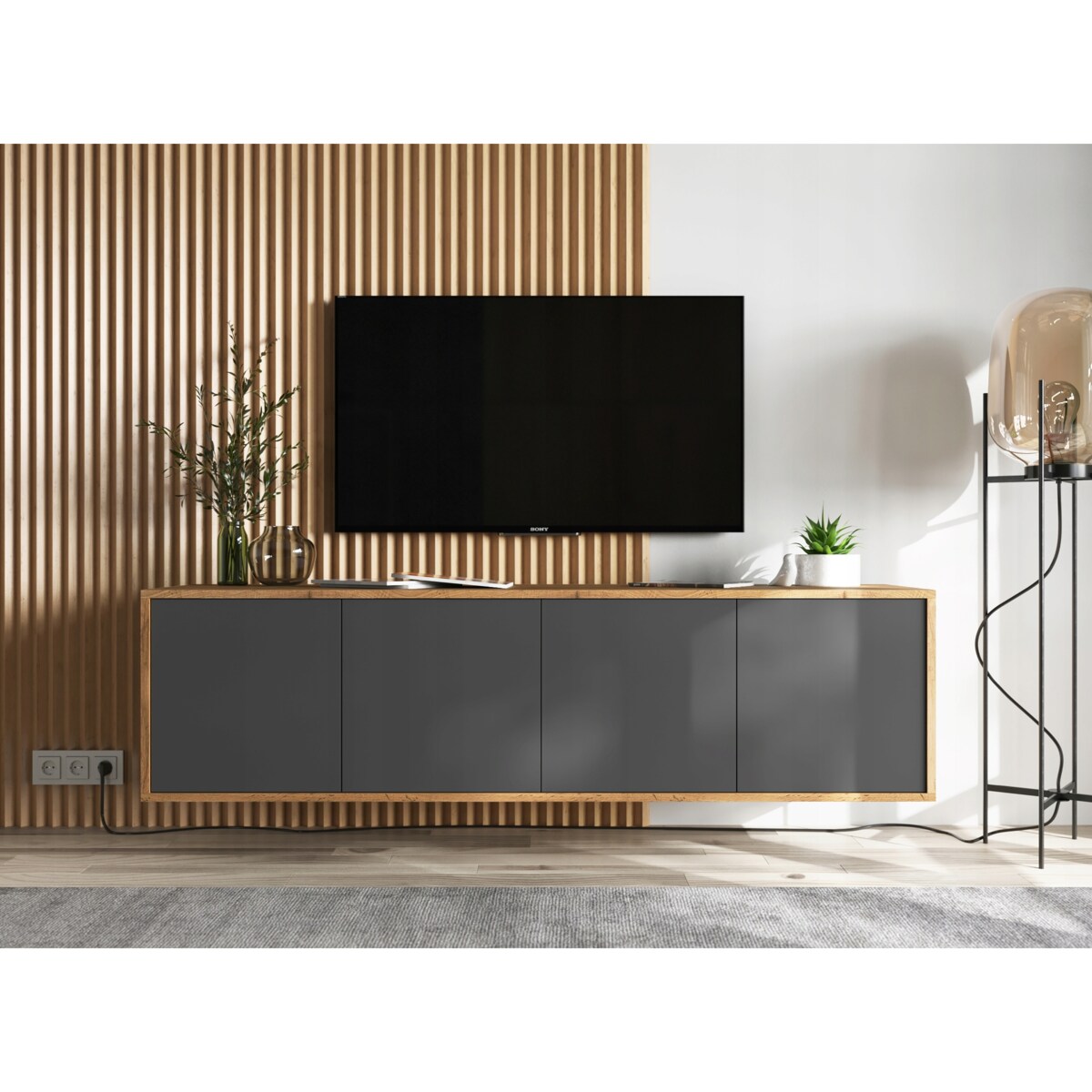 Wisząca Szafka RTV Loft Komoda RTV Dąb Wotan Grafit MAT 150 cm