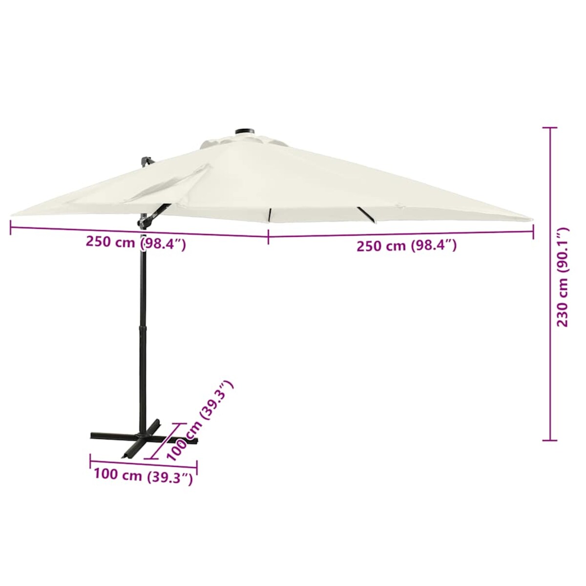 vidaXL Parasol wiszący z lampkami LED i słupkiem, 250 cm, piaskowy