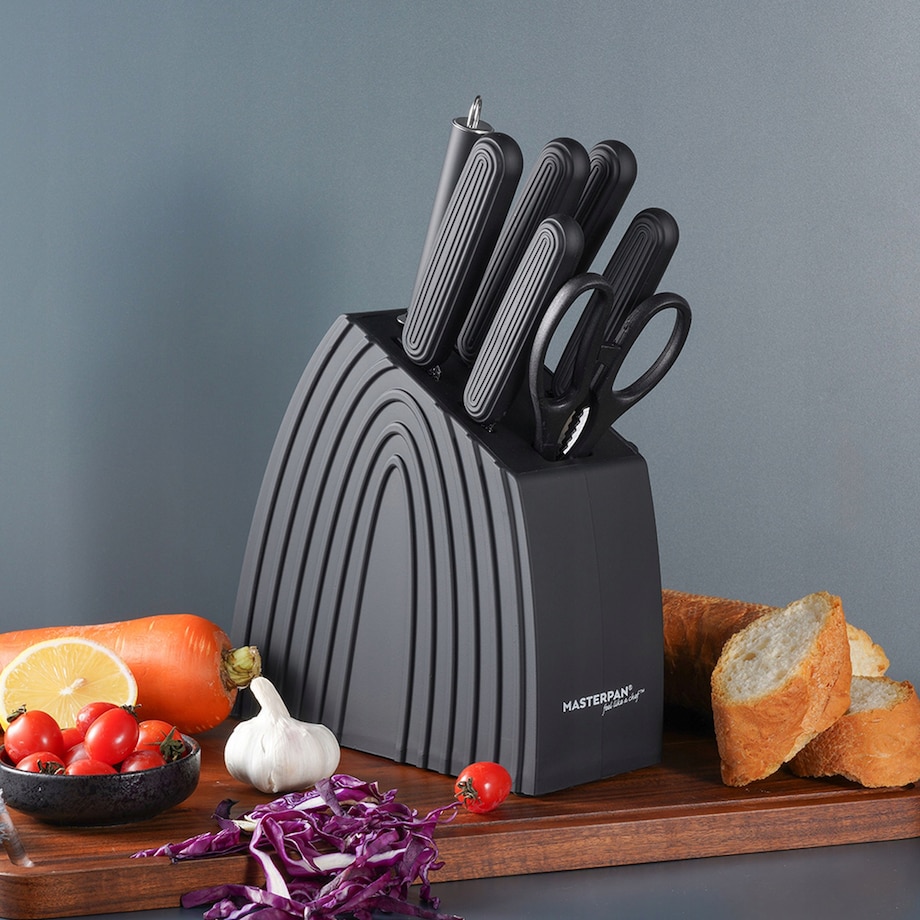 Zestaw Komplet Noży Kuchennych W Czarnym Bloku 8 El Ostrzałka Nożyczki