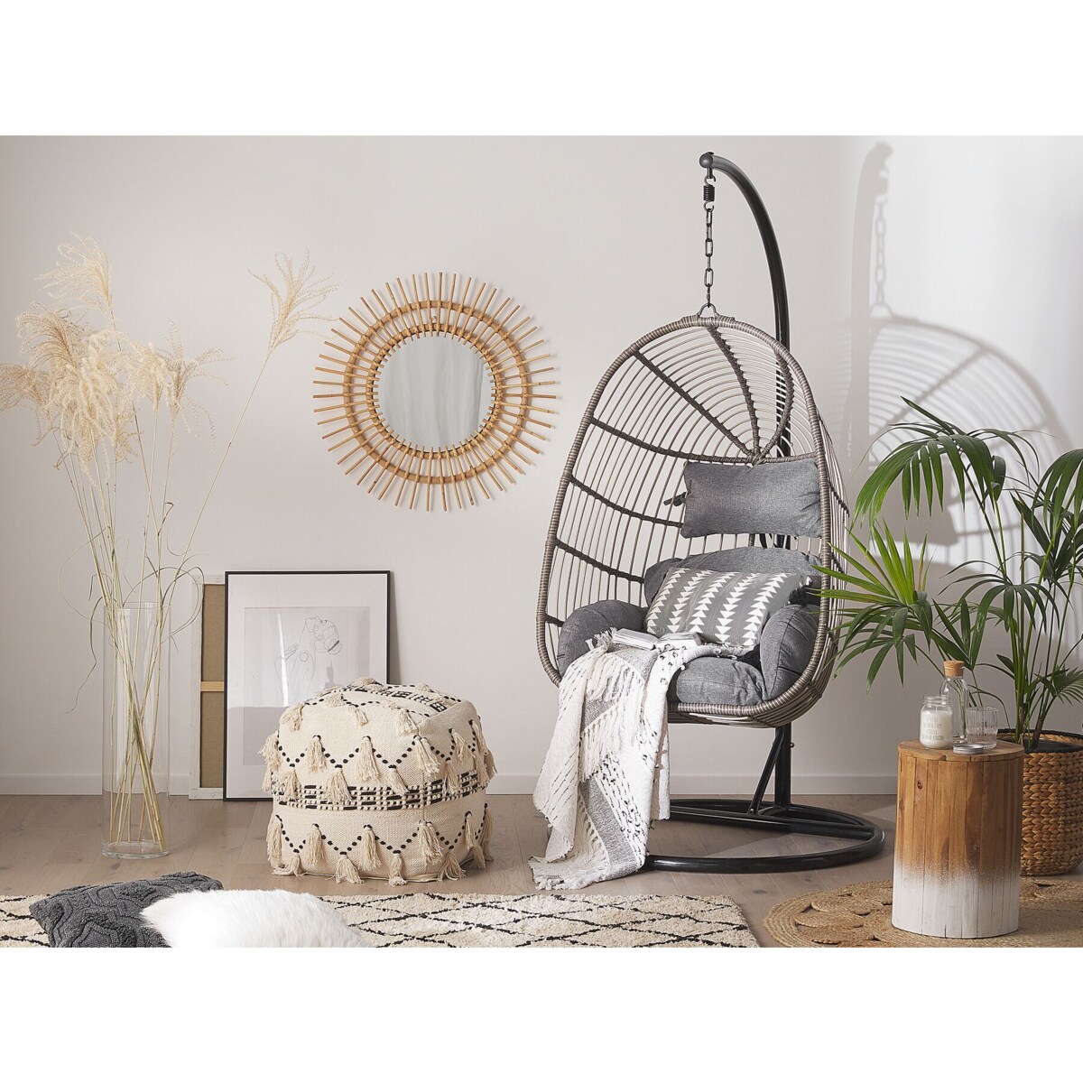 Fotel wiszący ze stojakiem z technorattanu szary CASOLI