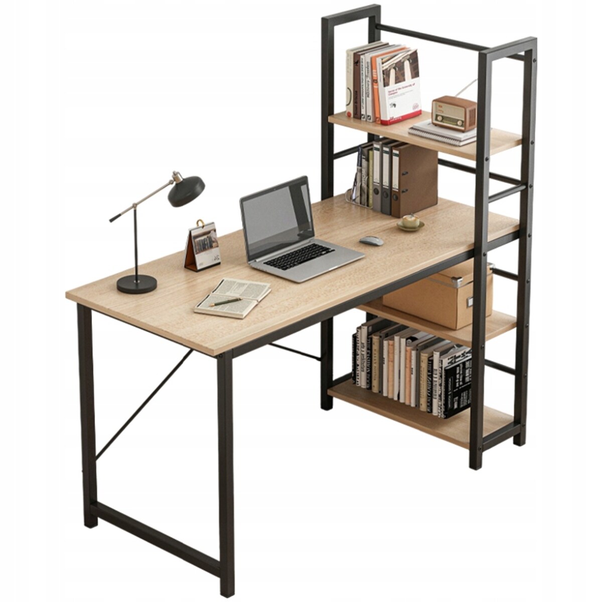 Biurko Komputerowe Z Regałem Półkami Nowoczesne Metalowe Loft Jasny Brąz