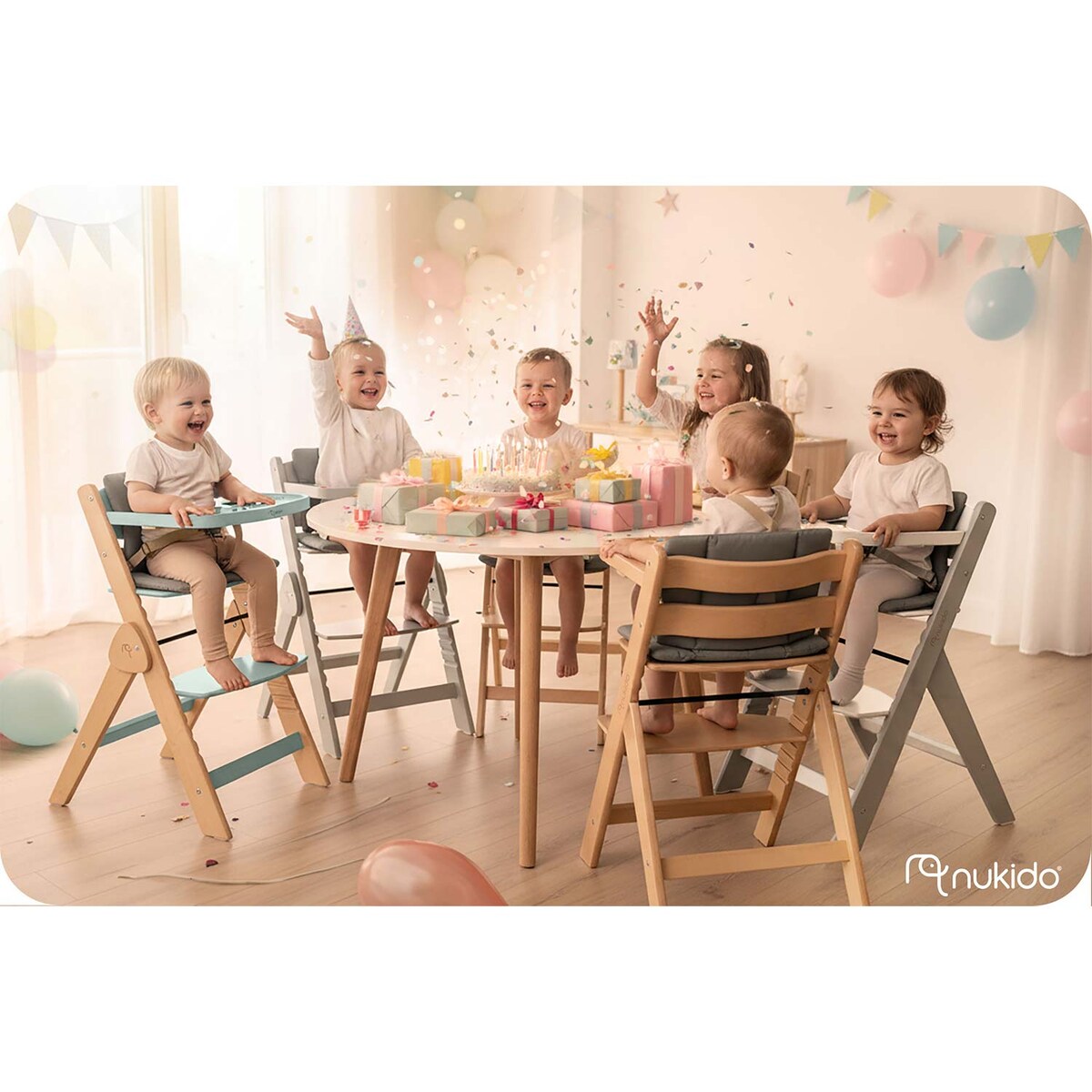 Drewniane krzesełko do karmienia Nukido tacka solidne regulowane pasy 703001