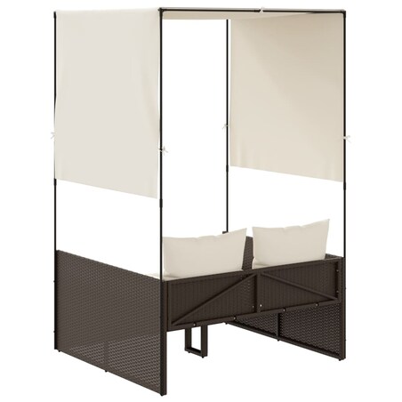 vidaXL Podwójna leżanka z daszkiem i zasłonami, brązowy polirattan