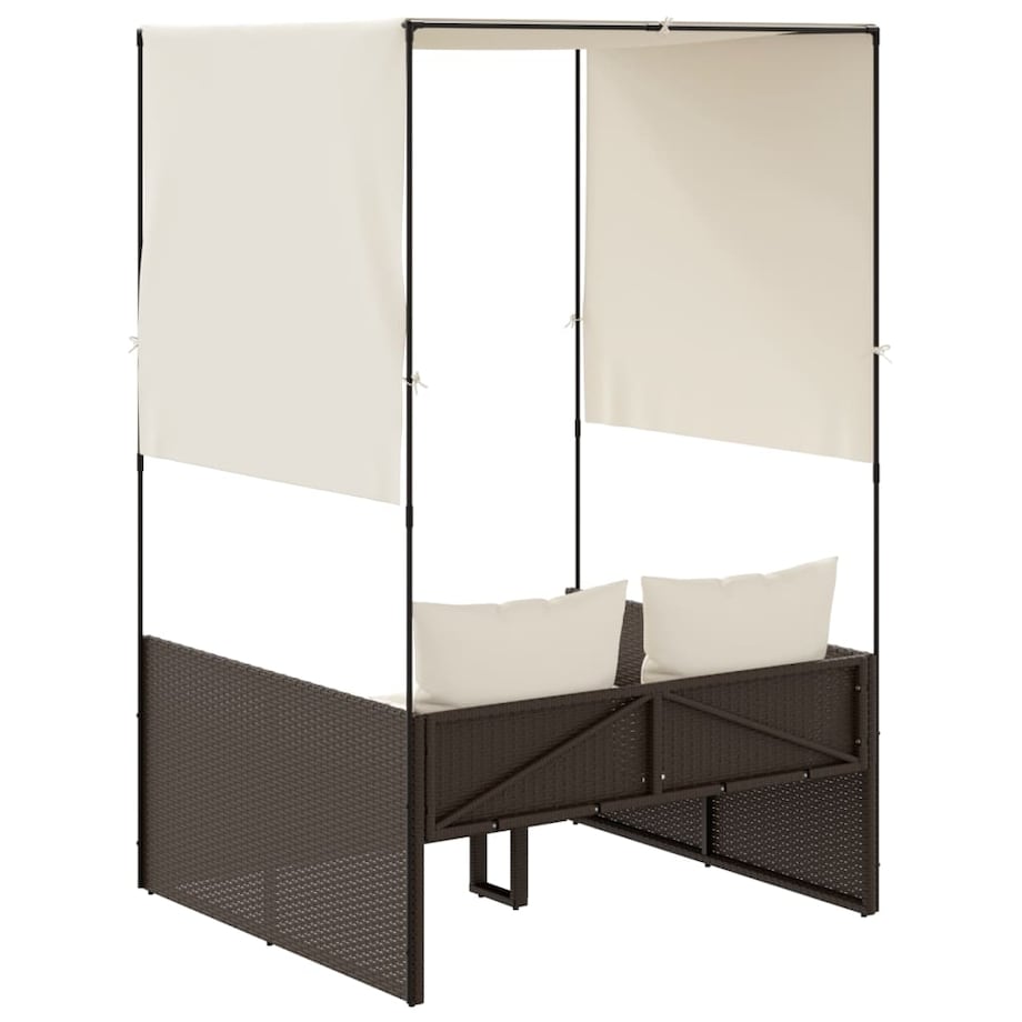 vidaXL Podwójna leżanka z daszkiem i zasłonami, brązowy polirattan