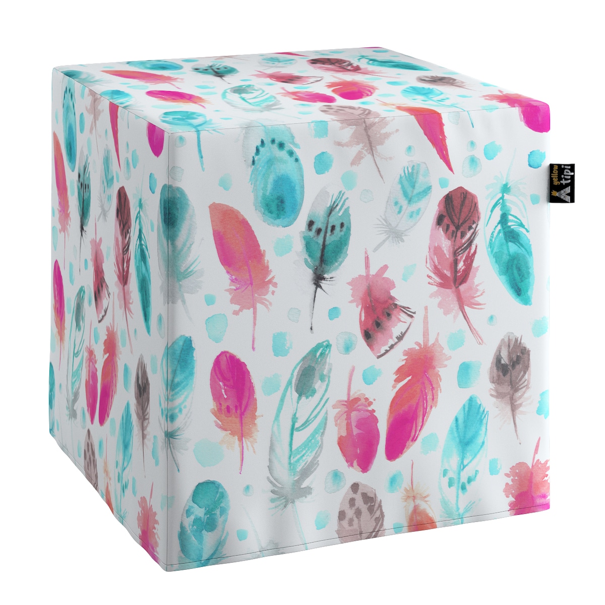Puf kostka Nano, różowe i turkusowe piórka, 40 x 40 x 40 cm, Magic Collection