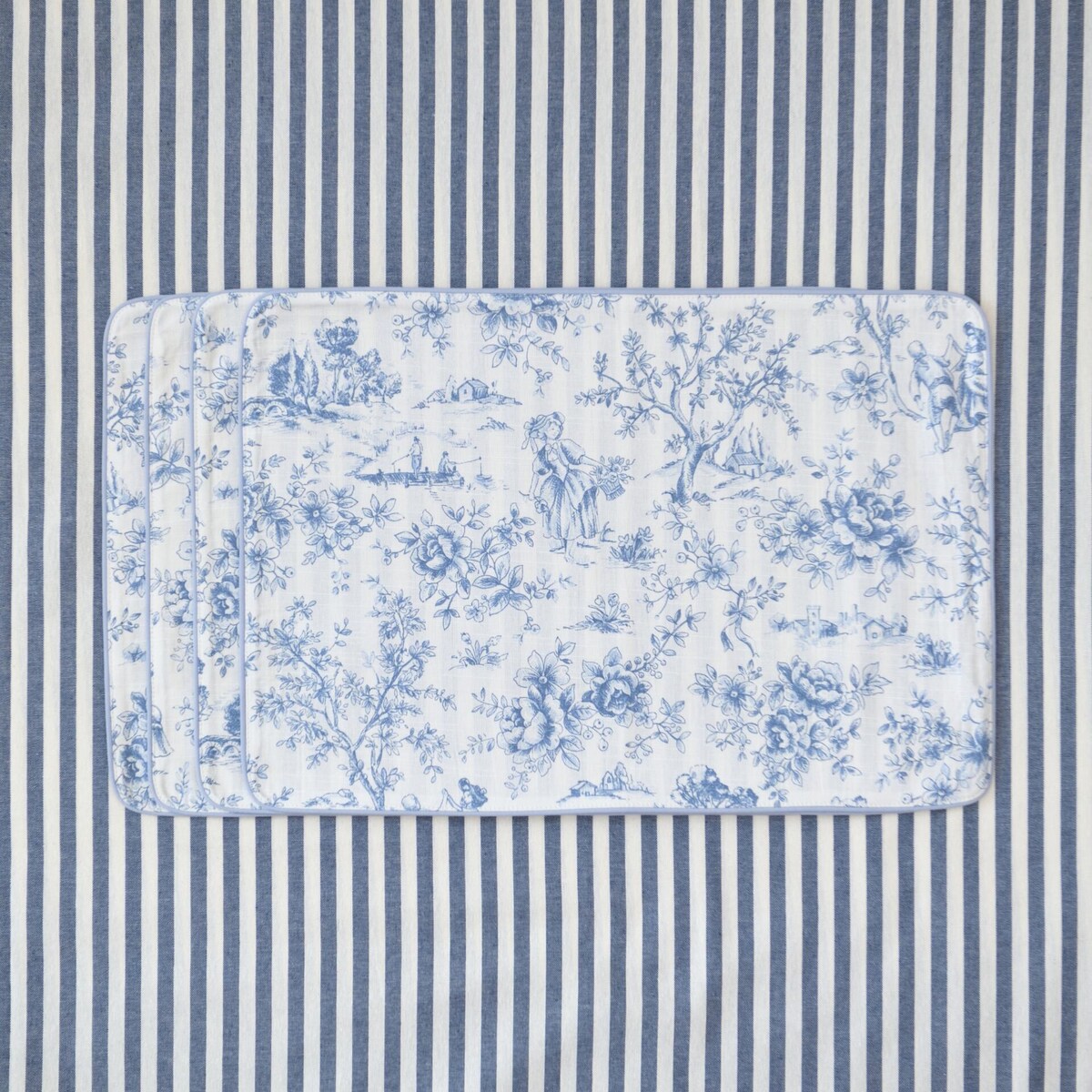 Podkładki dwustronne Toile de Jouy Blue & Stripes - 6 sztuk