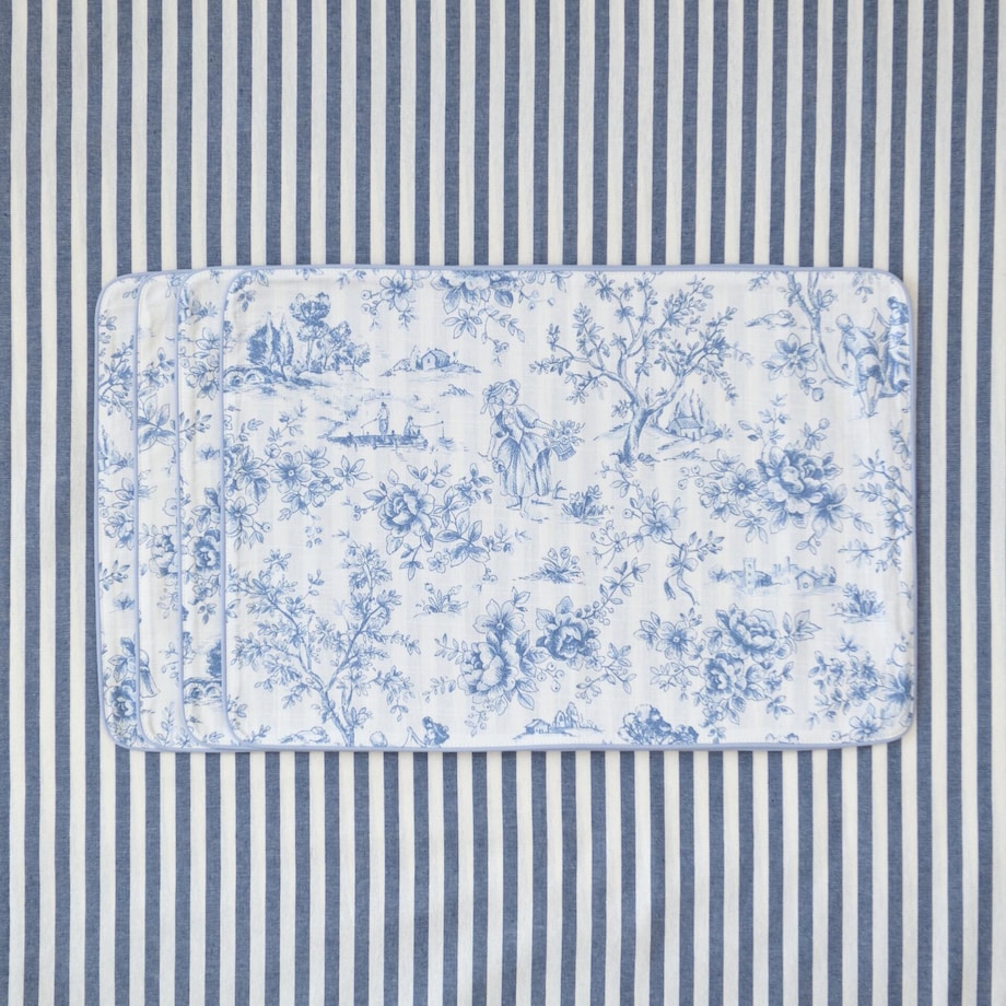 Podkładki dwustronne Toile de Jouy Blue & Stripes - 6 sztuk