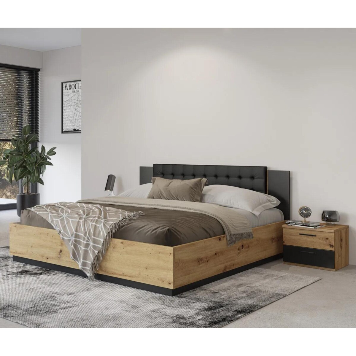 Łóżko SIGMA 180x200 dąb artisan/czarny mat z pojemnikiem
