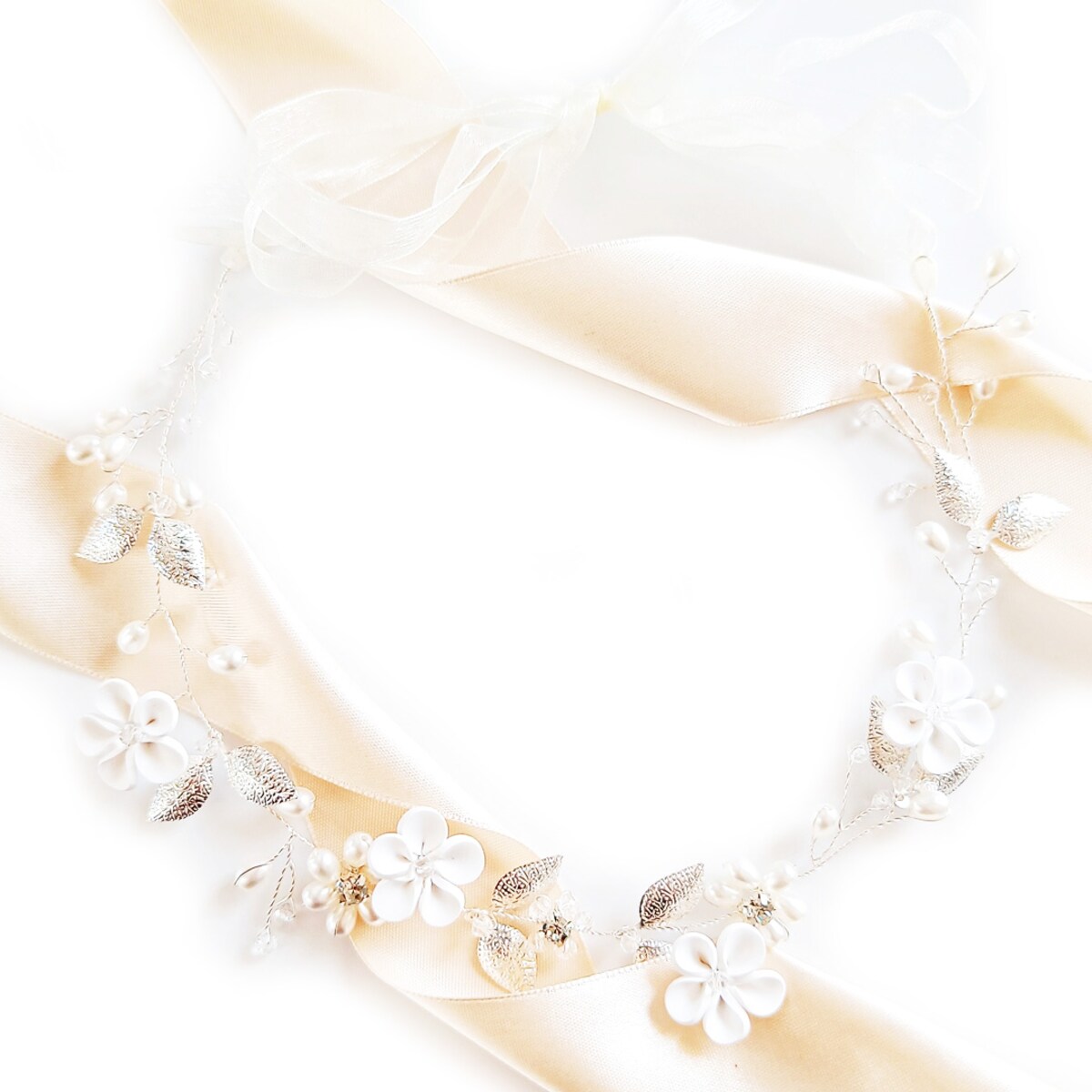 Opaska wianek cyrkonie listki ozdobna na włosy KRYSZTAŁ delikatna kwiat