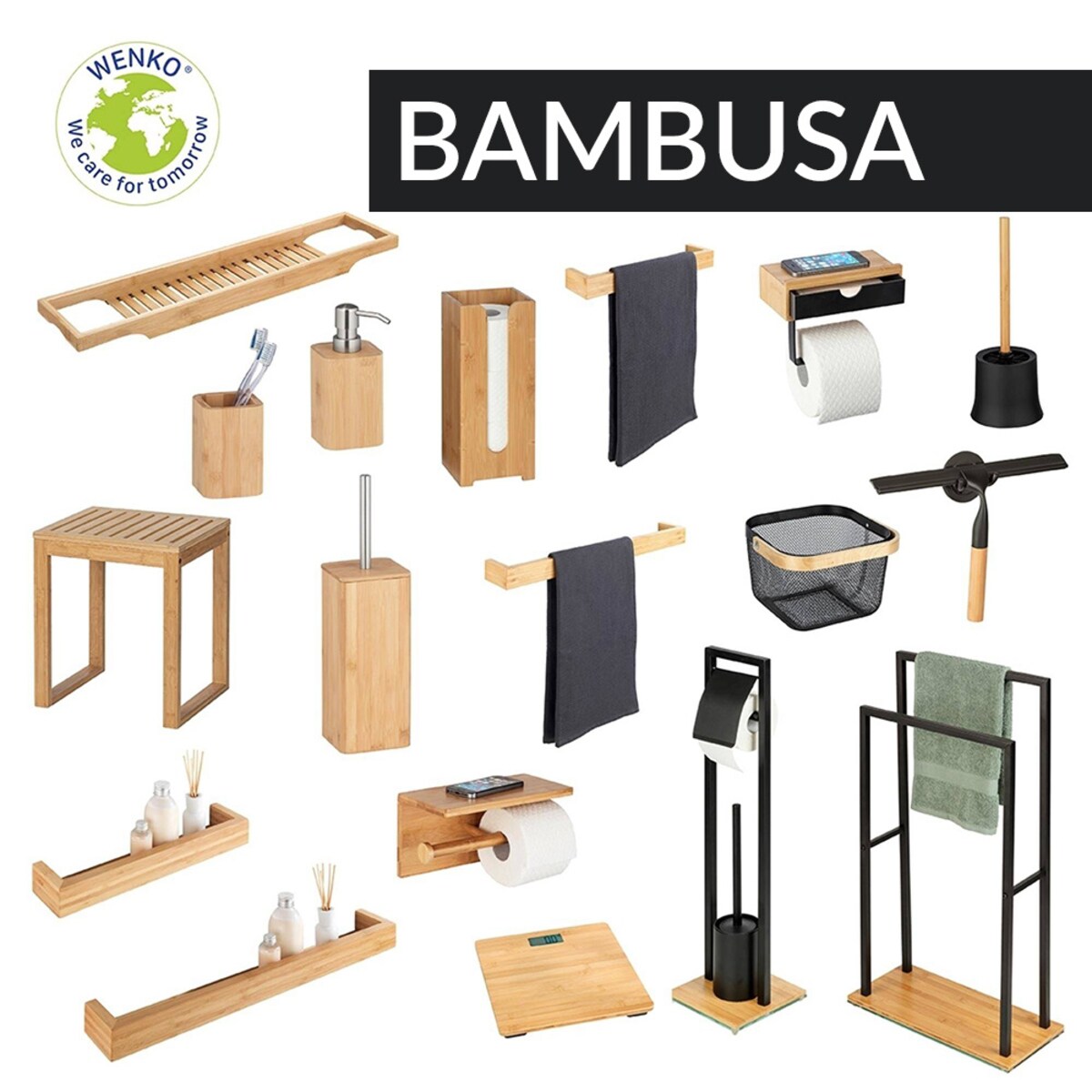 Koszyk metalowy na kosmetyki BAMBUSA, z bambusową rączką, WENKO, kolor czarny
