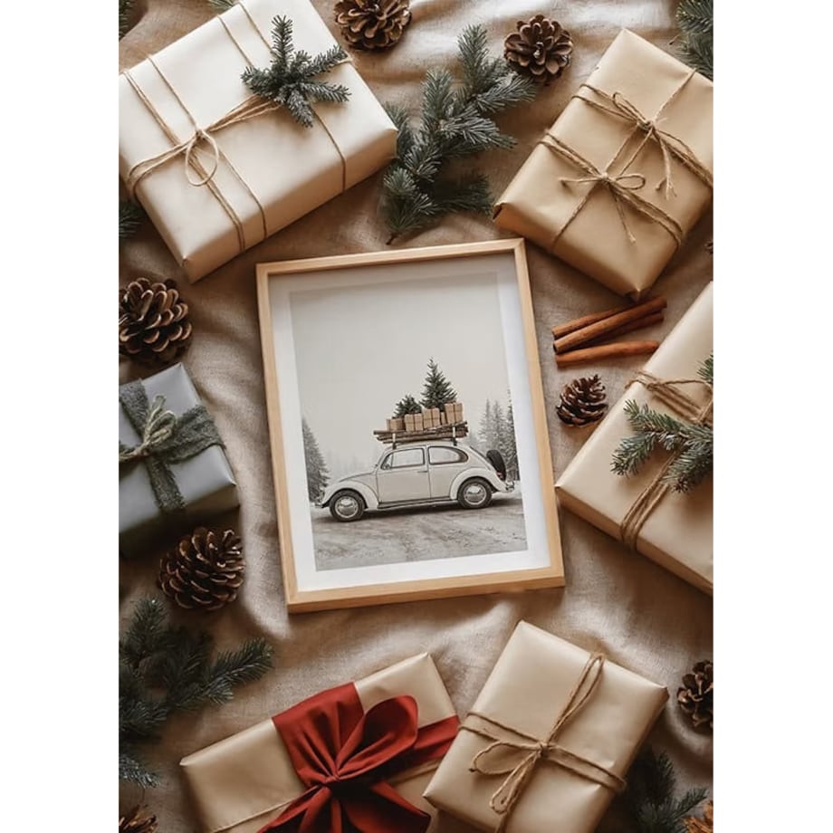 Poster Story, Plakat, Obraz - Zabytkowy Samochód z Prezentami i Choinką, wymiary 42 x 60 cm