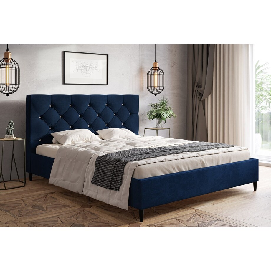 Łóżko tapicerowane 140x200 LUXO 6 na drewnianych nogach - granatowe