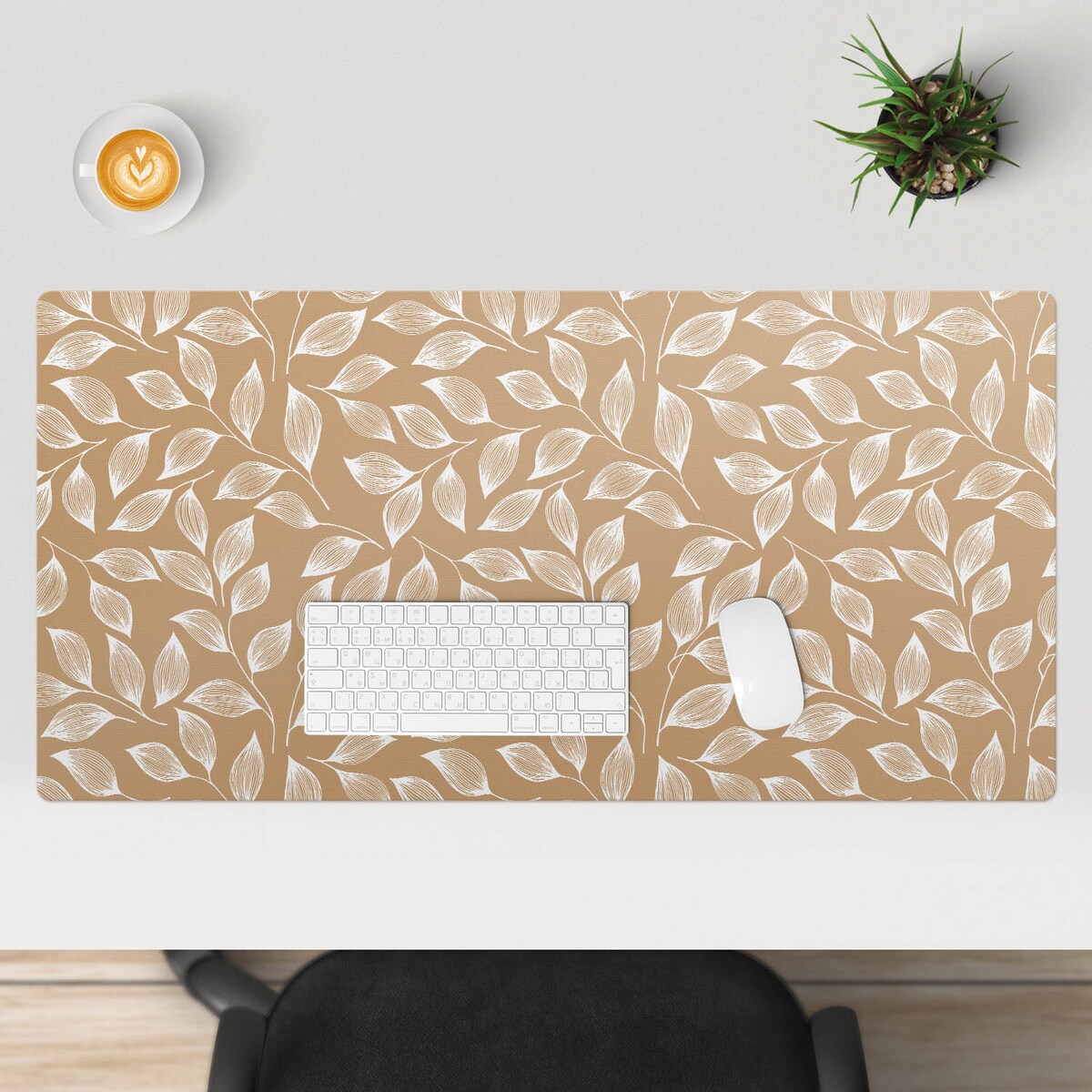 Beżowa mata na biurko Liście na gałązkach, 100x50 cm