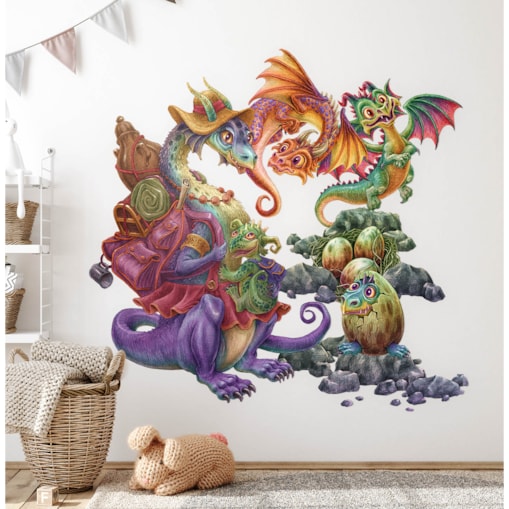 Zestaw naklejek na ścianę, Rodzina smoków, 80cm